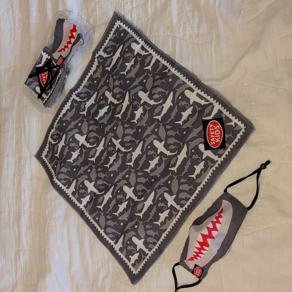 (2) Safety Kids Sets: Shark Print Bandanas and Mask Sets